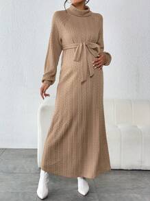 SHEIN Thai sản Áo cao cổ Tay Raglan Váy có thắt lưng - Màu be - Xem 1