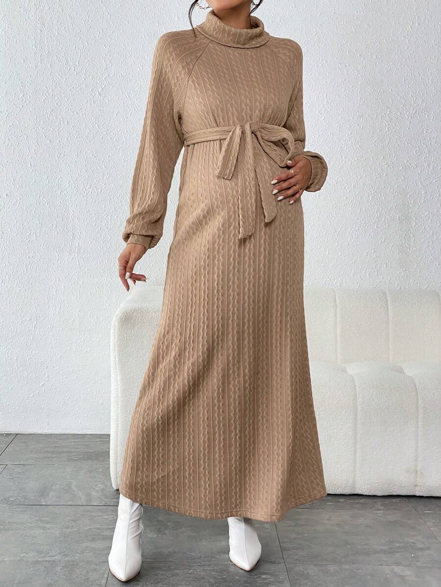 SHEIN Thai sản Áo cao cổ Tay Raglan Váy có thắt lưng - Màu be - Xem 1