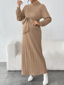 SHEIN Thai sản Áo cao cổ Tay Raglan Váy có thắt lưng - Màu be - Xem 4