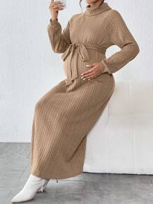 SHEIN Thai sản Áo cao cổ Tay Raglan Váy có thắt lưng - Màu be - Xem 3