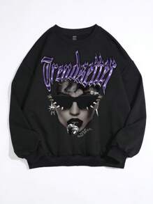 SHEIN EZwear Oversized Letter & Portrait Graphic Round Neck Sweatshirt For Women - Black - View 1