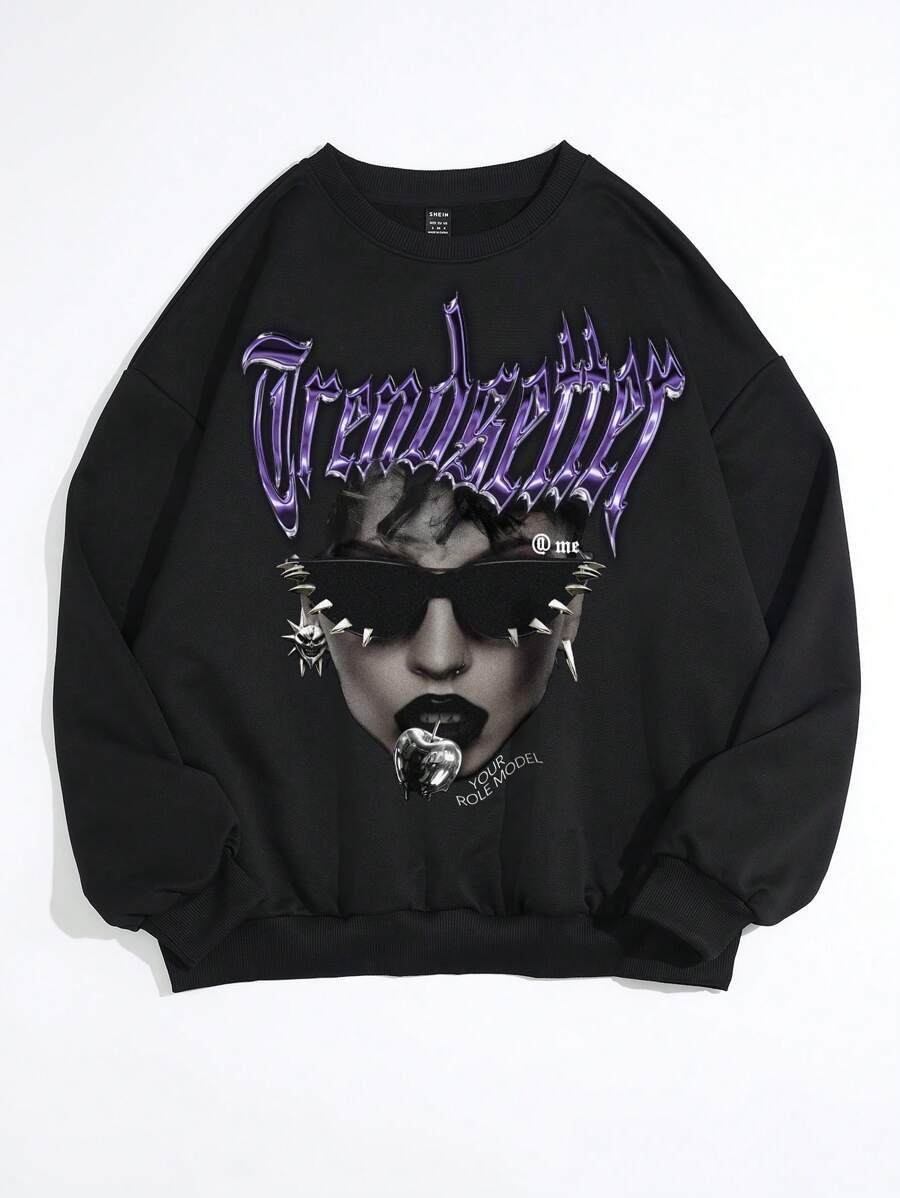 SHEIN EZwear Oversized Letter & Portrait Graphic Round Neck Sweatshirt For Women - Black - View 1