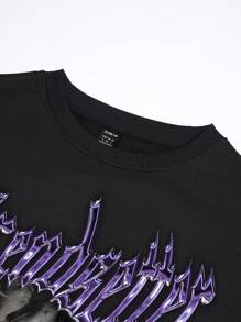 SHEIN EZwear Oversized Letter & Portrait Graphic Round Neck Sweatshirt For Women - Black - View 5