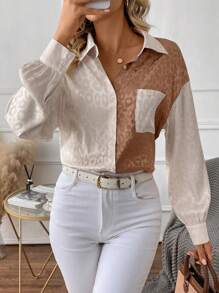 SHEIN Clasi Leopard Jacquard Drop Shoulder Pocket Patched Shirt,Long Sleeve Tops - Multicolor - View 1