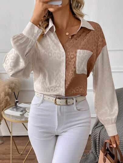 SHEIN Clasi Leopard Jacquard Drop Shoulder Pocket lappad skjorta, långärmade toppar