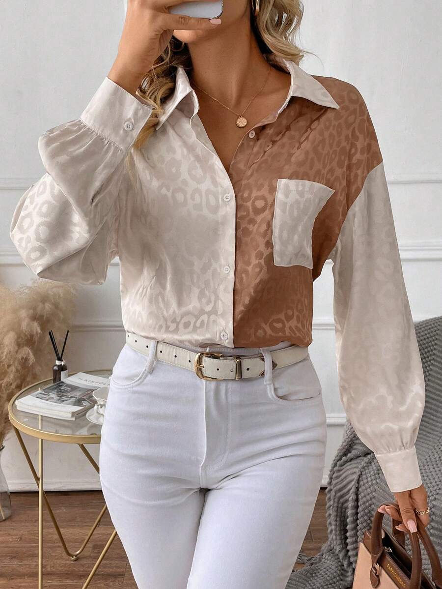 SHEIN Clasi Leopard Jacquard Drop Shoulder Pocket Patched Shirt,Long Sleeve Tops - Multicolor - View 1