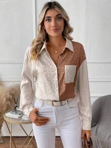 SHEIN Clasi Leopard Jacquard Drop Shoulder Pocket Patched Shirt,Long Sleeve Tops - Multicolor - View 3