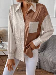 SHEIN Clasi Leopard Jacquard Drop Shoulder Pocket Patched Shirt,Long Sleeve Tops - Multicolor - View 4