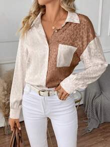 SHEIN Clasi Leopard Jacquard Drop Shoulder Pocket Patched Shirt,Long Sleeve Tops - Multicolor - View 5