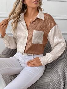SHEIN Clasi Leopard Jacquard Drop Shoulder Pocket Patched Shirt,Long Sleeve Tops - Multicolor - View 6