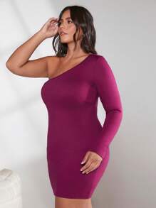 SHEIN BASICS Talla grande Vestido ajustado de un hombro - Rojo violeta - Ver 4