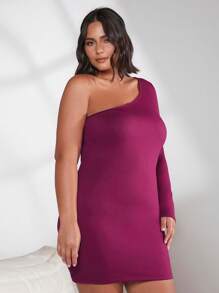 SHEIN BASICS Talla grande Vestido ajustado de un hombro - Rojo violeta - Ver 3
