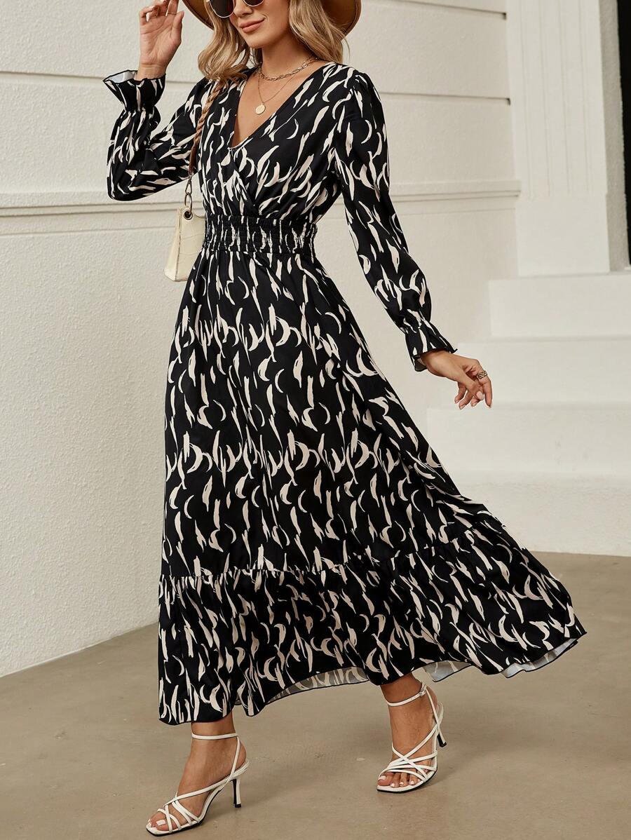 SHEIN Clasi 滿版印花荷葉袖荷葉邊洋裝 - 黑色 - 查看 1