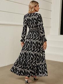 SHEIN Clasi 滿版印花荷葉袖荷葉邊洋裝 - 黑色 - 查看 2