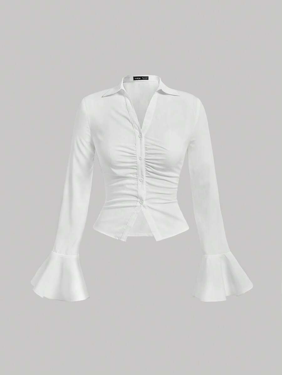 SHEIN MOD 纯色褶饰前喇叭袖修身白衬衫 - 白色 - 查看 1