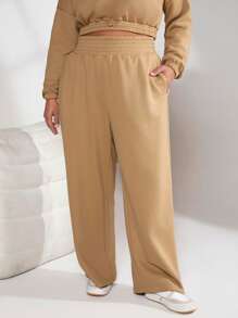 SHEIN BASICS Pantalones De Chándal De Poliéster Y Con Bolsillos Slant Sólidos Y Cómodos Para Mujer - Camel - Ver 1