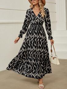 SHEIN Clasi 滿版印花荷葉袖荷葉邊洋裝 - 黑色 - 查看 4