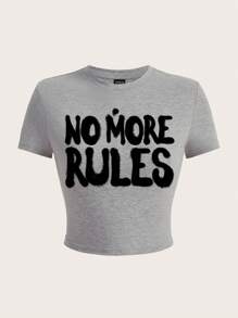 SHEIN EZwear Áo thun nữ cổ tròn tay ngắn dáng ôm vừa vặn có họa tiết in - Màu Xám nhạt - Xem 1