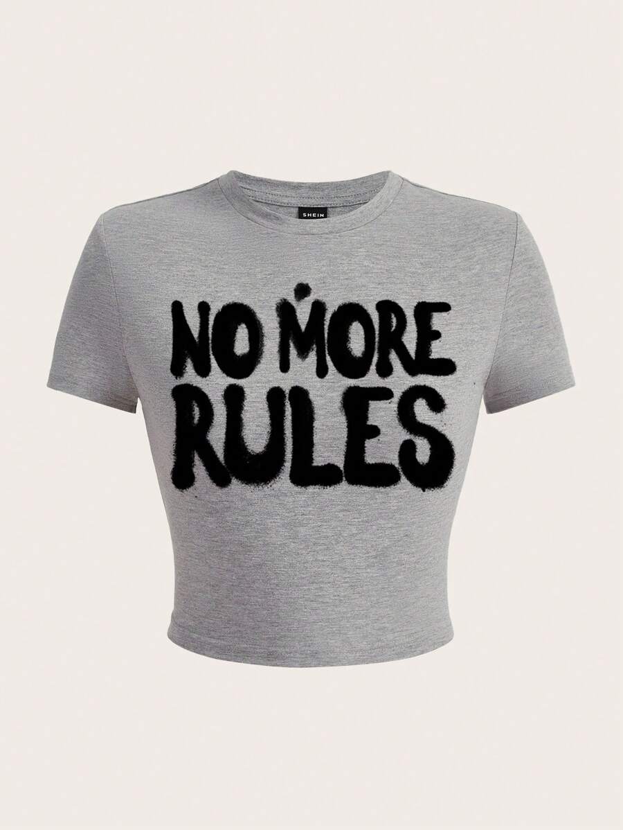 SHEIN EZwear Áo thun nữ cổ tròn tay ngắn dáng ôm vừa vặn có họa tiết in - Màu Xám nhạt - Xem 1