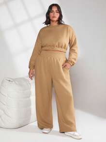 SHEIN BASICS Pantalones De Chándal De Poliéster Y Con Bolsillos Slant Sólidos Y Cómodos Para Mujer - Camel - Ver 4