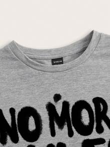 SHEIN EZwear Áo thun nữ cổ tròn tay ngắn dáng ôm vừa vặn có họa tiết in - Màu Xám nhạt - Xem 3