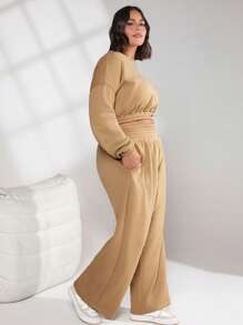 SHEIN BASICS Pantalones De Chándal De Poliéster Y Con Bolsillos Slant Sólidos Y Cómodos Para Mujer - Camel - Ver 5