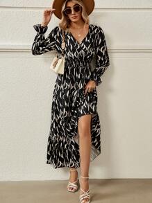 SHEIN Clasi 滿版印花荷葉袖荷葉邊洋裝 - 黑色 - 查看 5