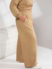 SHEIN BASICS Pantalones De Chándal De Poliéster Y Con Bolsillos Slant Sólidos Y Cómodos Para Mujer - Camel - Ver 3