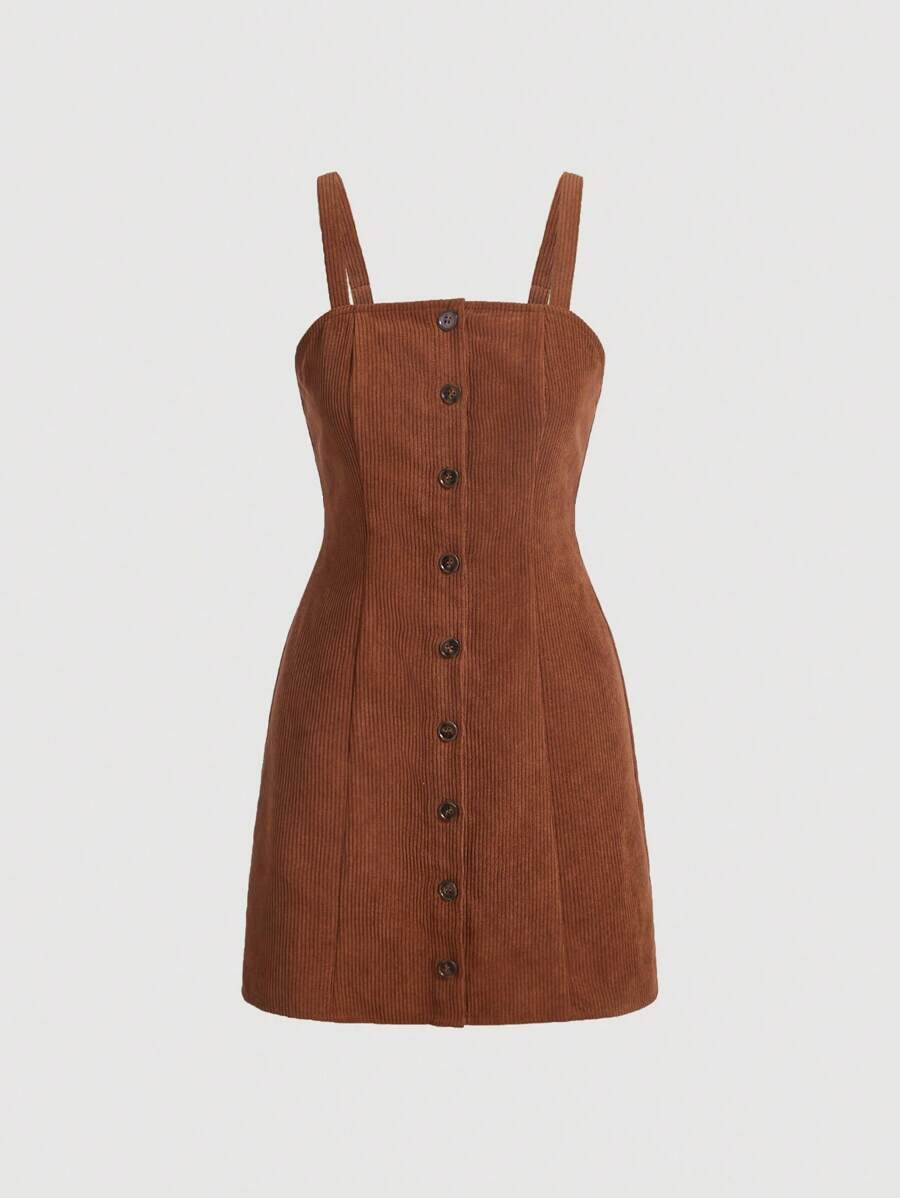 SHEIN MOD Button Front Corduroy Cami Dress Without Tee - Brown - View 1