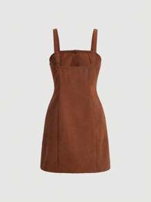 SHEIN MOD Button Front Corduroy Cami Dress Without Tee - Brown - View 2