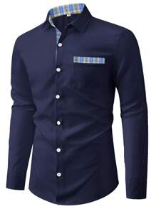 Manfinity Mode Áo sơ mi Nam Nút phía trước Sọc ca rô Giải trí - Màu xanh hải quân - Xem 1