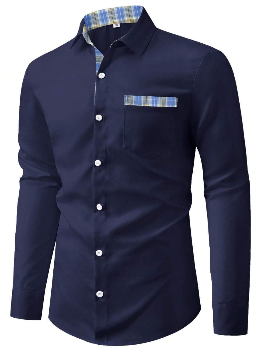 Manfinity Mode Men Plaid Print Pocket Patched Shirt - Navy Blue - View 1