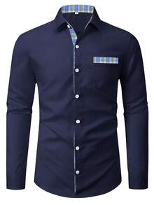 Manfinity Mode Áo sơ mi Nam Nút phía trước Sọc ca rô Giải trí - Màu xanh hải quân - Xem 3