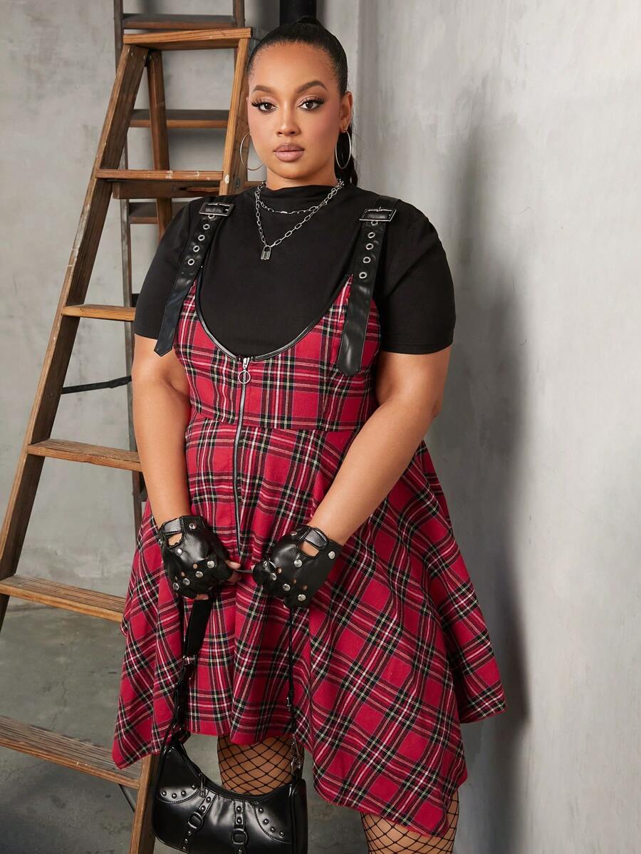 SHEIN CURVE+ Hơn In Tartan Viền không đối xứng Đầm Tổng thể Without Tee - Nhiều màu - Xem 1
