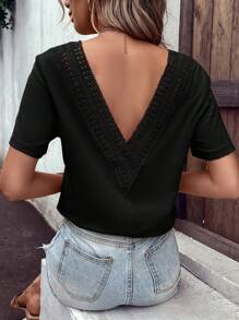 SHEIN VCAY 拼接水溶蕾絲V領T恤