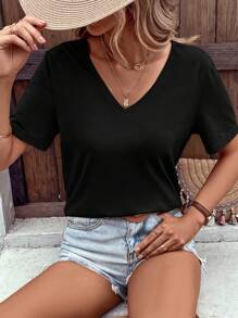 SHEIN VCAY 拼接水溶蕾絲V領T恤