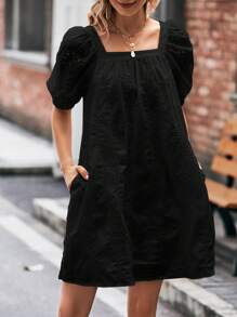 SHEIN LUNE 方領泡泡袖直筒洋裝 - 黑色 - 查看 3