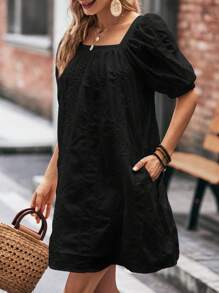 SHEIN LUNE 方領泡泡袖直筒洋裝 - 黑色 - 查看 4