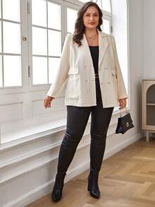 SHEIN Clasi Plus Lapel Neck Double Breasted Blazer - Beige - View 3