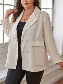 SHEIN Clasi Plus Lapel Neck Double Breasted Blazer - Beige - View 6