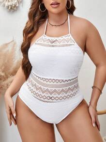 SHEIN Swim Curve 大碼鏤空吊脖連體泳衣 - 白色 - 查看 4