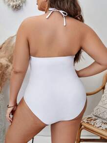 SHEIN Swim Curve 大碼鏤空吊脖連體泳衣 - 白色 - 查看 2