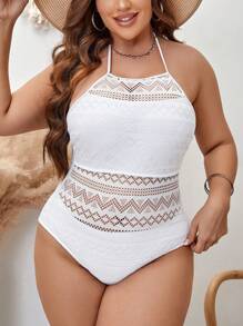 SHEIN Swim Curve 大碼鏤空吊脖連體泳衣 - 白色 - 查看 3