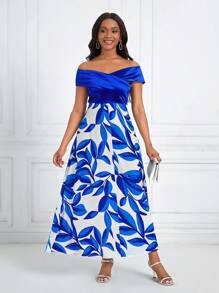 SHEIN Lady In Thực vật Off Shoulder Áo choàng mặt trước Đầm - Xanh và trắng - Xem 4