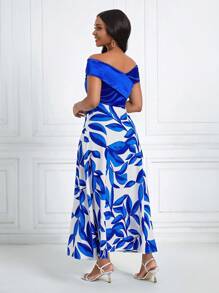 SHEIN Lady In Thực vật Off Shoulder Áo choàng mặt trước Đầm - Xanh và trắng - Xem 2