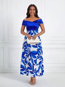 SHEIN Lady In Thực vật Off Shoulder Áo choàng mặt trước Đầm - Xanh và trắng - Xem 3