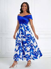 SHEIN Lady In Thực vật Off Shoulder Áo choàng mặt trước Đầm - Xanh và trắng - Xem 1