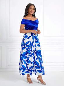 SHEIN Lady In Thực vật Off Shoulder Áo choàng mặt trước Đầm - Xanh và trắng - Xem 5