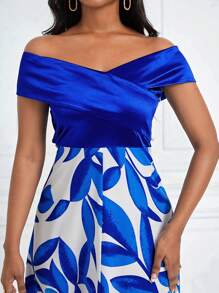 SHEIN Lady In Thực vật Off Shoulder Áo choàng mặt trước Đầm - Xanh và trắng - Xem 6