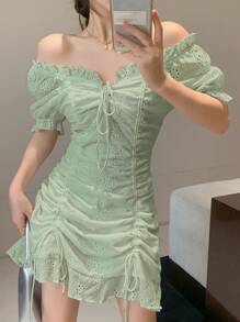 DAZY 素色褶邊前抽繩荷葉邊洋裝 - 綠色 - 查看 1